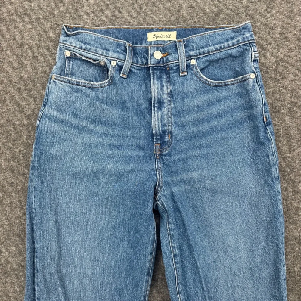 Madewell Womens High Rise Straight Leg Jeans Medium Wash Blue Distressed Hem